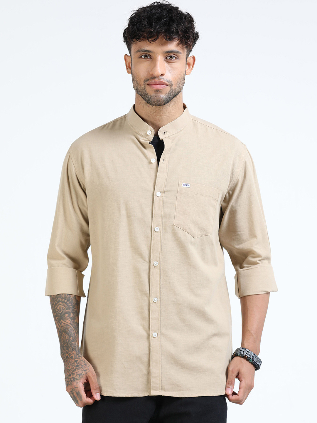 U.S. PITCHERS Men Standard Slim Fit Solid Mandarin Collar Casual Shirt