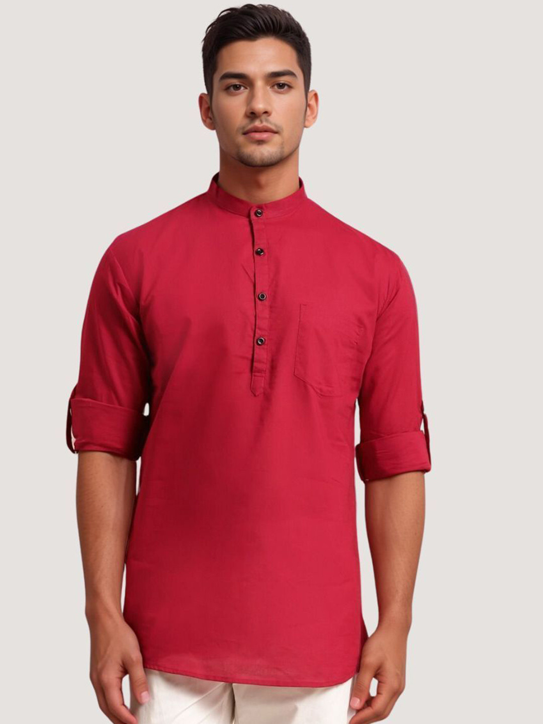 Antile zone Men Band Collar Roll-Up Sleeves Kurta