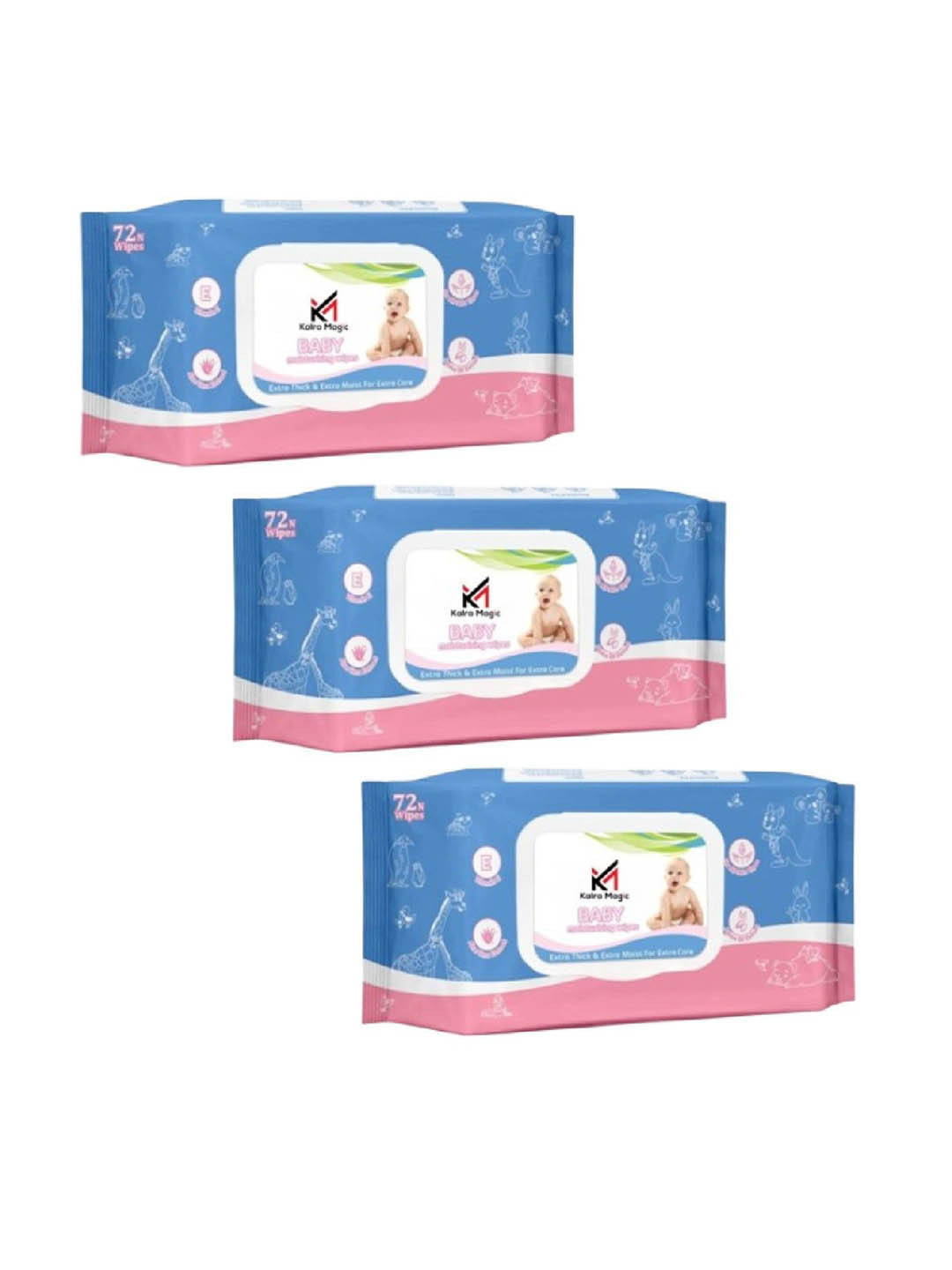 Kalra Magic Set Of 3 Baby Wet Wipes With Aloevera -  72 Pieces Each