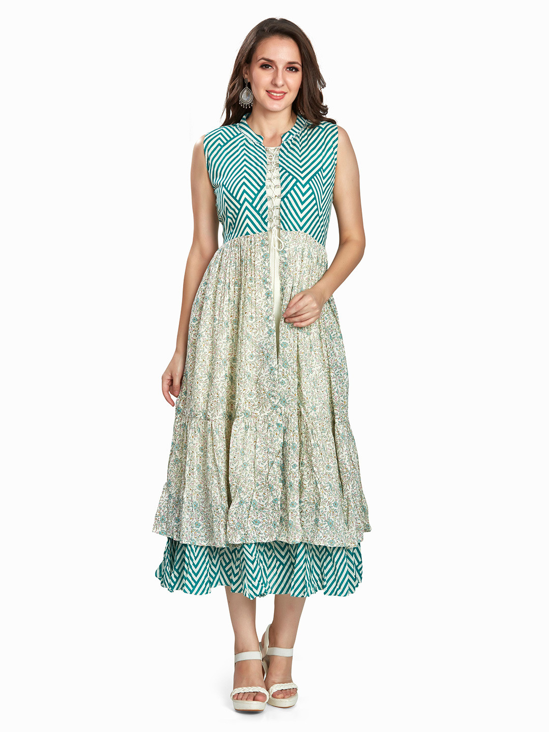 Nioni Women Floral Printed Round Neck Flared Cotton Jacket Style Kurti Dress