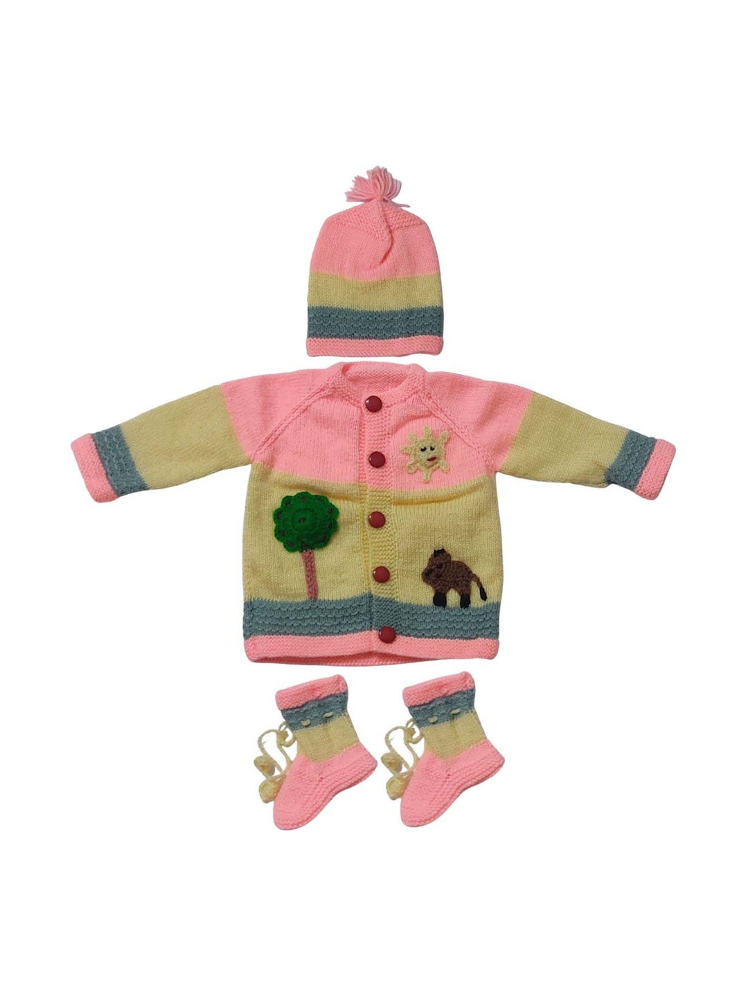Cute Collection Kids Embroidered Woolen Cardigan With Beanie Cap & Booties