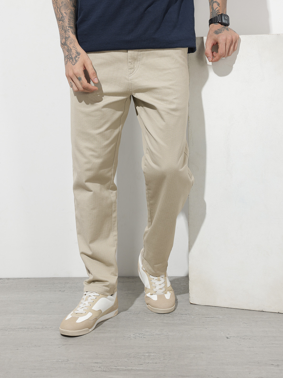 The Roadster Life Co. Men Textured Relaxed Fit Chinos Trousers