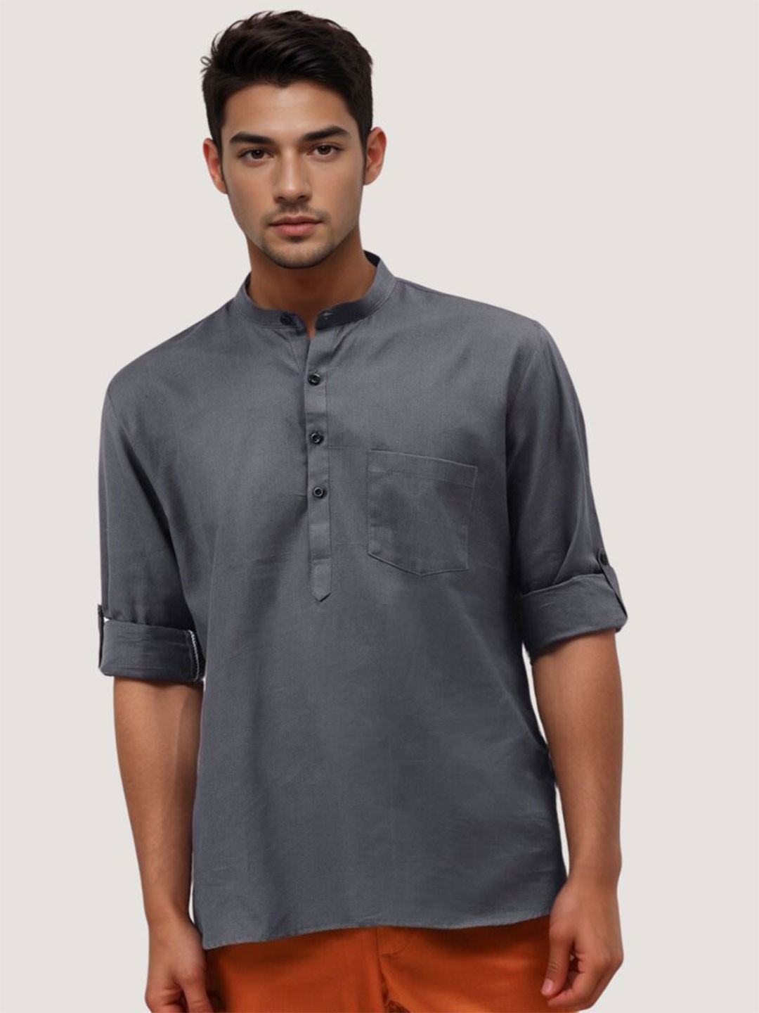Rukandi tixtile Men Mandarin Collar Roll-Up Sleeves Kurta