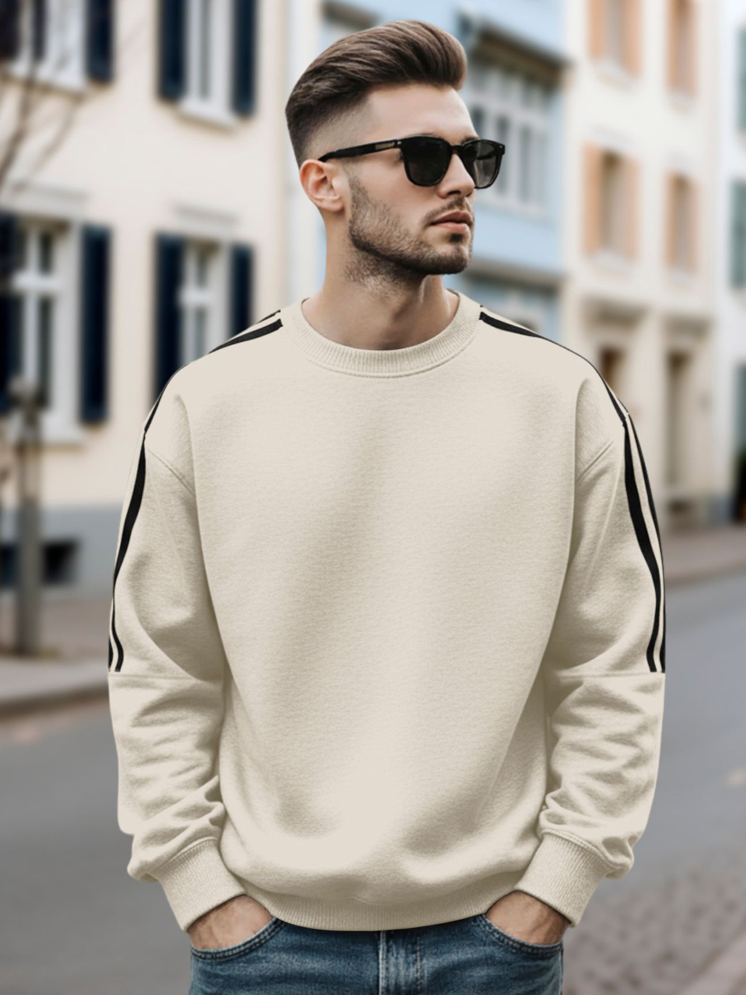 Fashion And Youth Men Solid Double Striped Pullover Sweatshirt