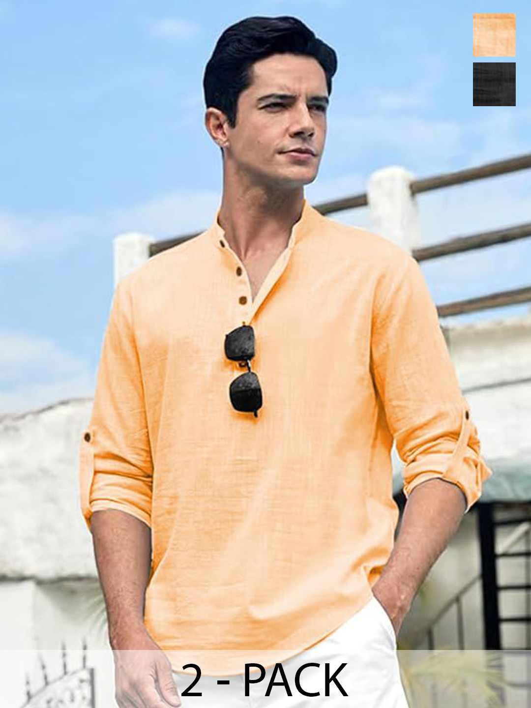 EdinWolf Pack Of 2 Band Collor Roll-Up Sleeves Straight Short Kurtas