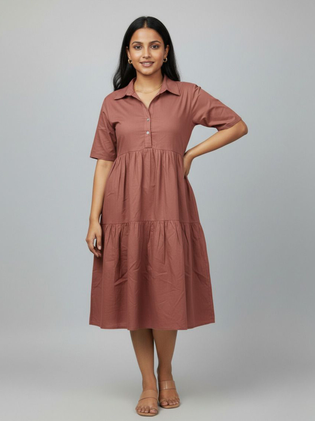 Chemistry Women Gathered Tiered Short Sleeve Cotton Shirt Dress