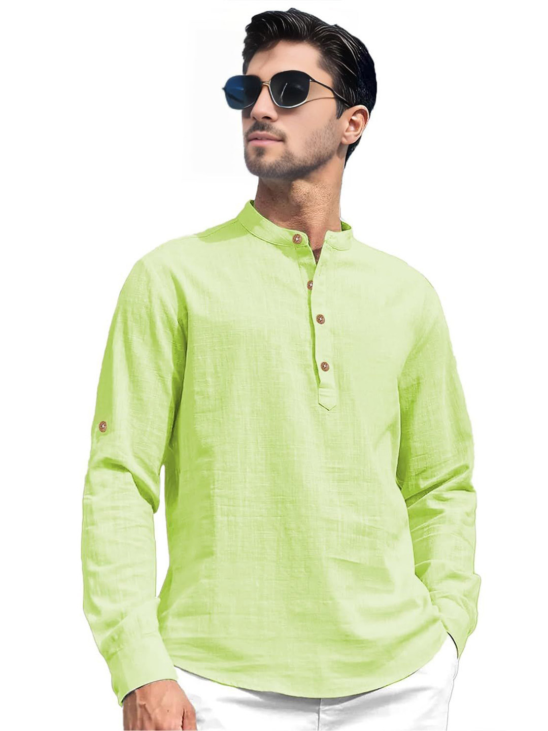 EdinWolf Men Mandarin Collar Roll-Ups Sleeves Pathani Kurta