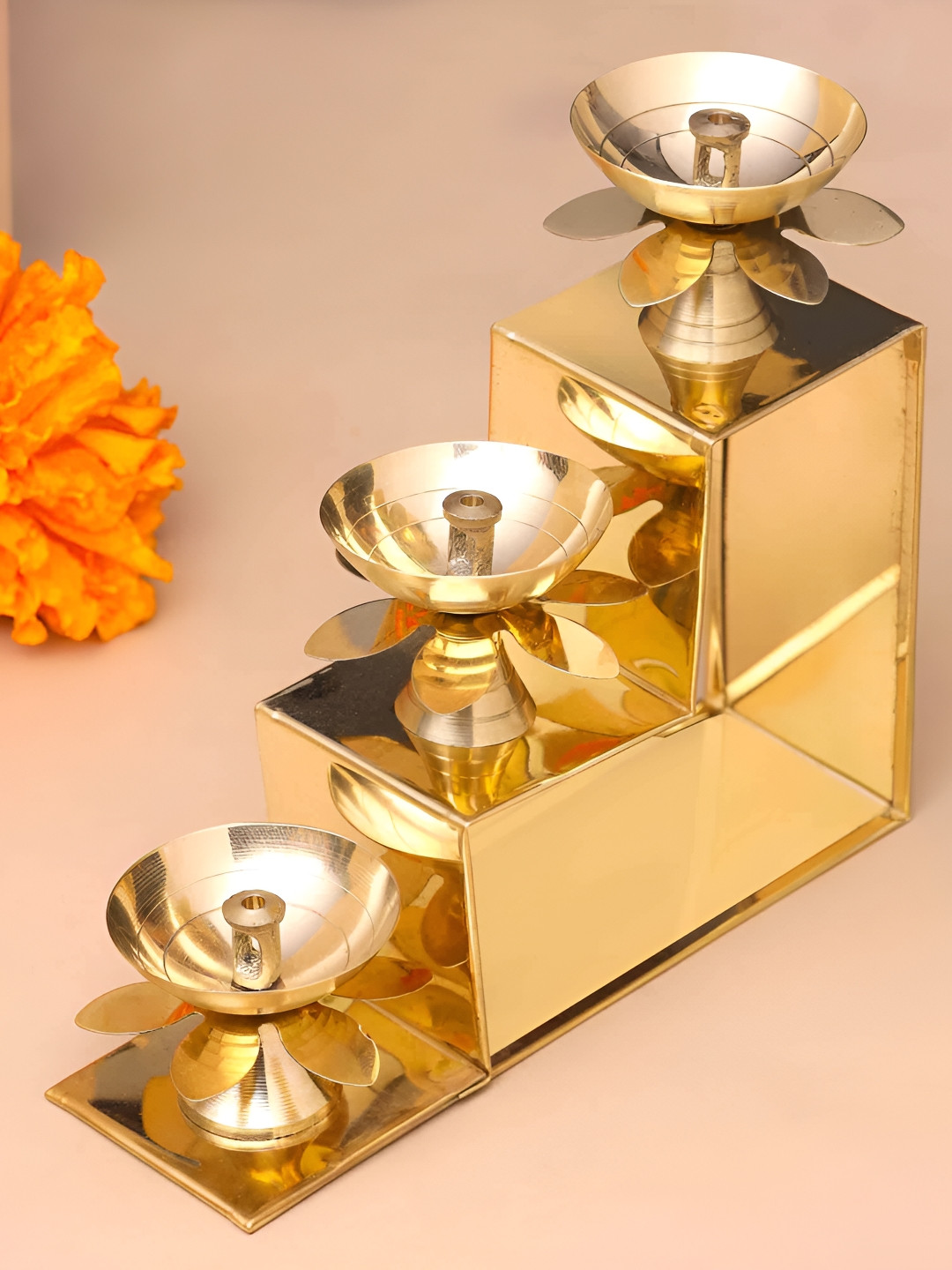 Vedansh Craft Gold Toned Textured Eco Friendly Three Step Akhand Diyas