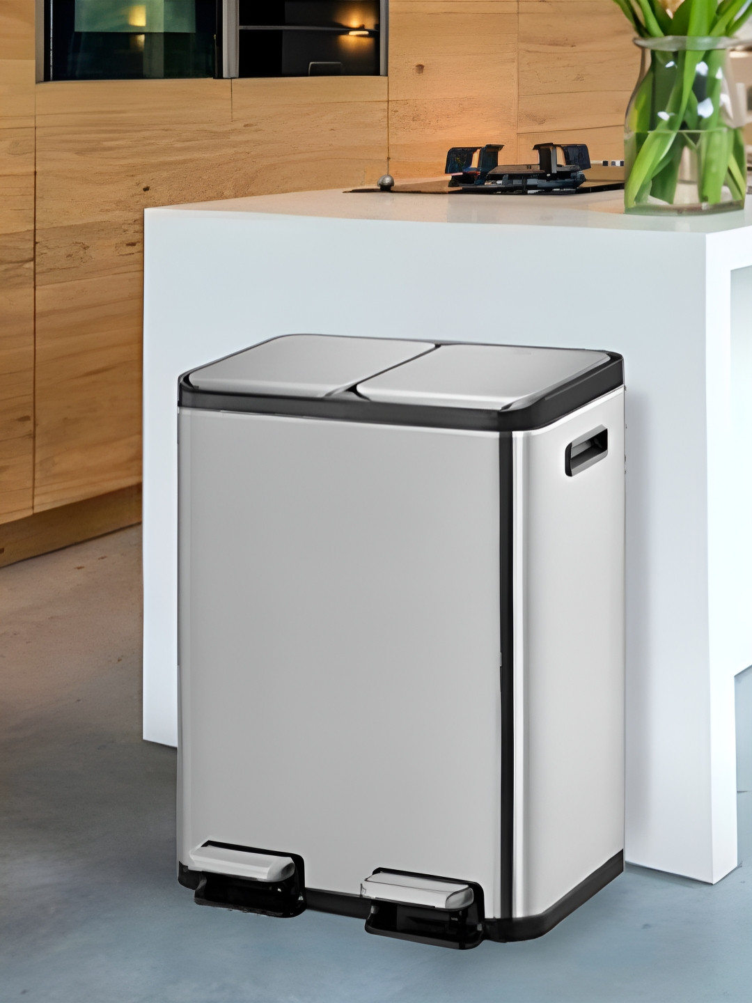 OBSESSIONS Grey & Black Stainless Steel Dual Step Trash Rectangular Dustbins - 30 + 30 L