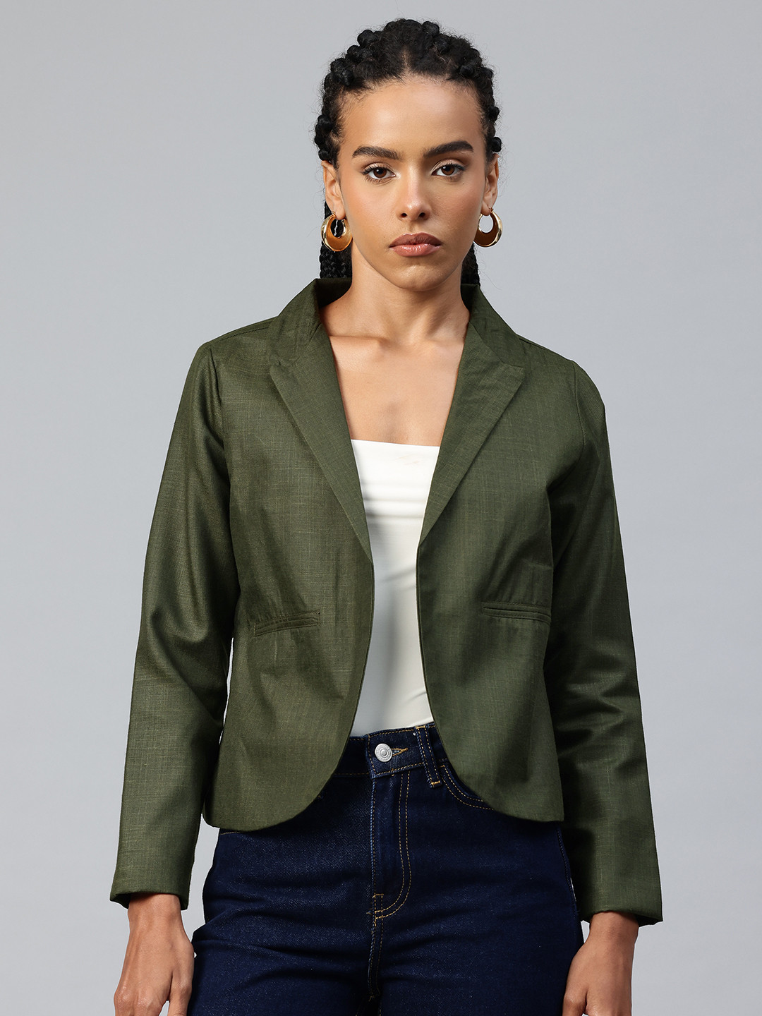 Cottinfab Lapel Collar Textured Crop Open Front Blazer