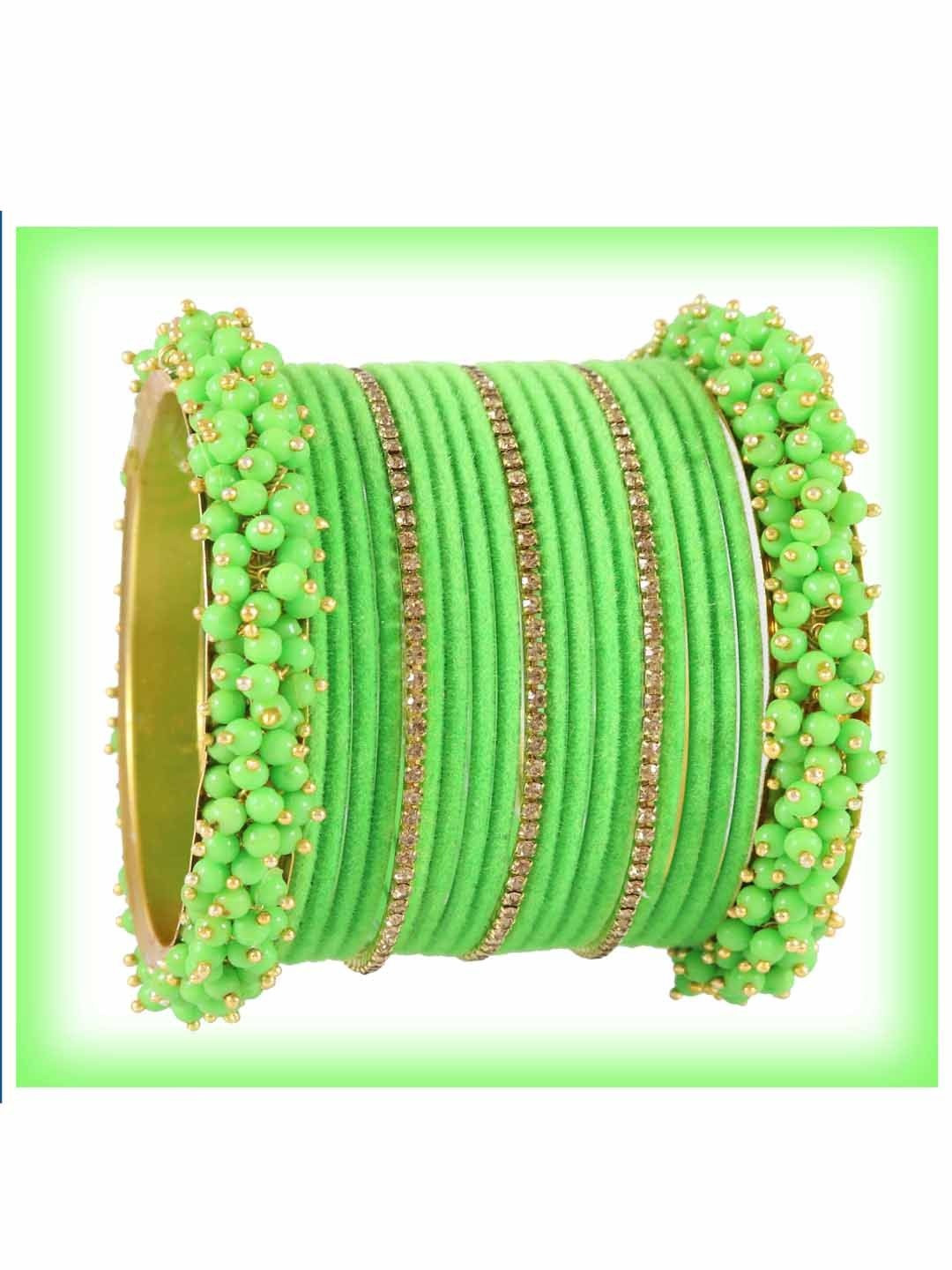 ZULKA Women Pack Of 42 Green & Gold-Plated Pearls & Zircon Studded Metal Bangles