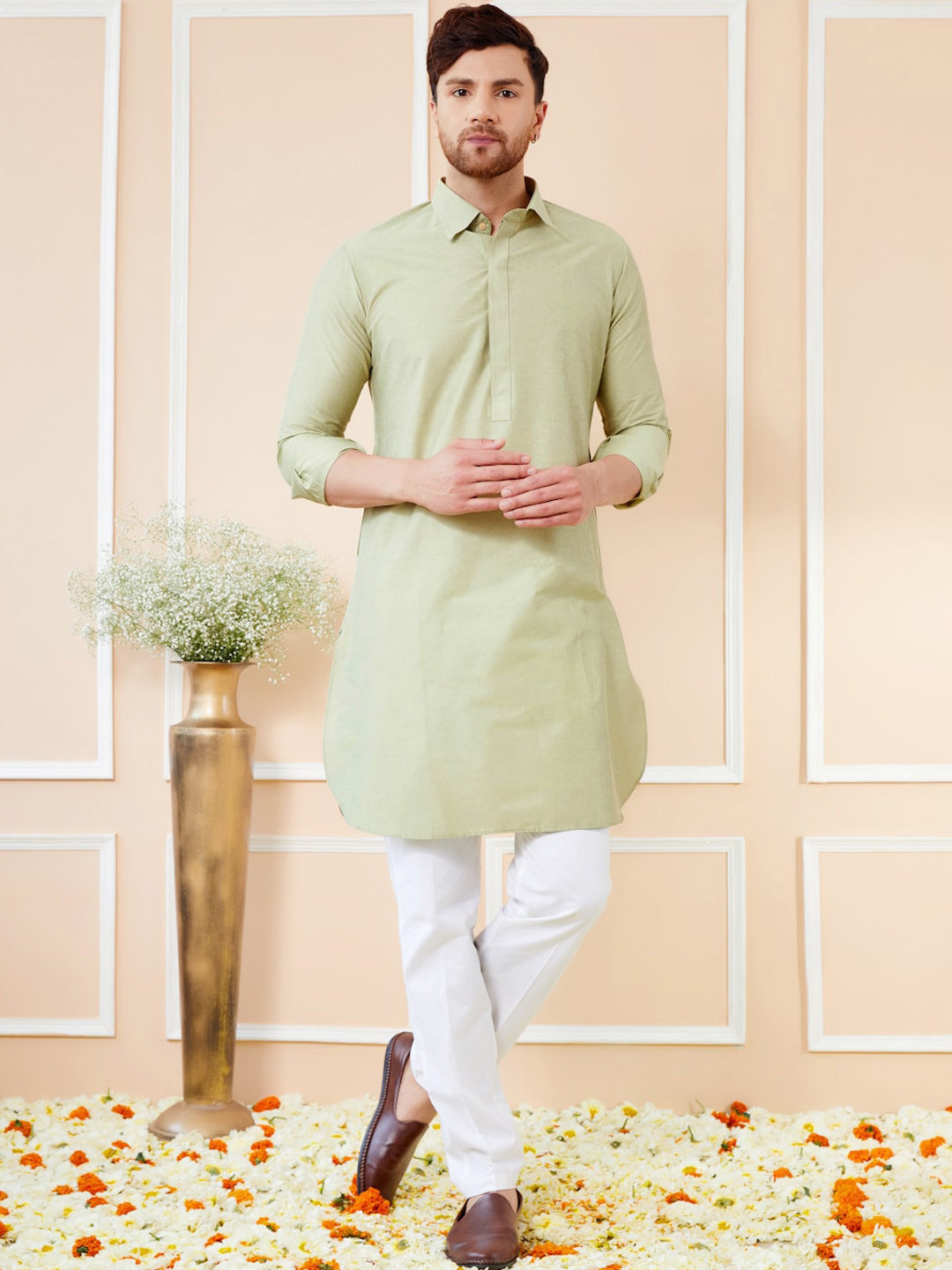 See Designs Shirt Collar Long Sleeves Pure Cotton Pathani Kurta With Pyjamas
