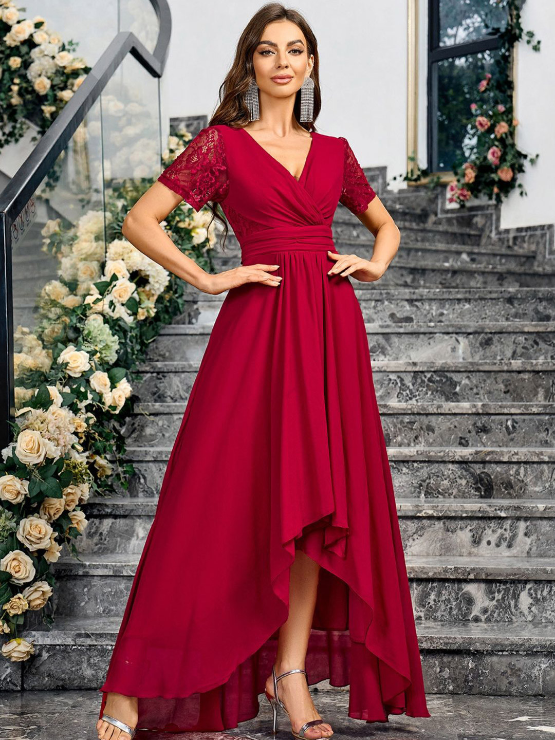 StyleCast V-Neck Lace Inserts Wrap Maxi Dress