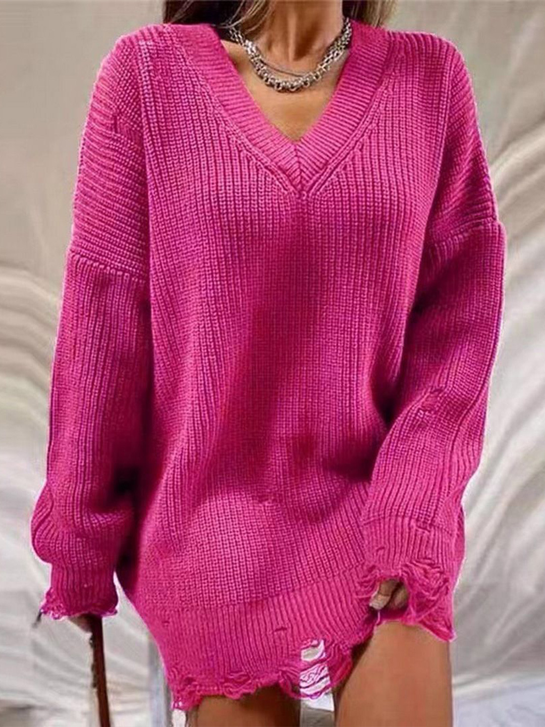 StyleCast Women Oversized Distressed V-Neck  Sweater