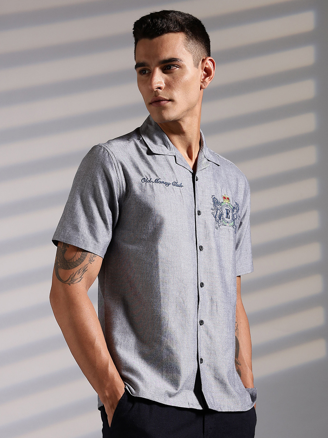 Eszett Old Money Embroidered Spread Collar Cotton Casual Shirt