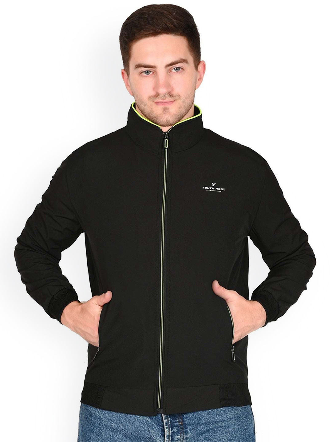 YOUTH ROBE Men Mock Collar Solid Lightweight Bomber Jacket