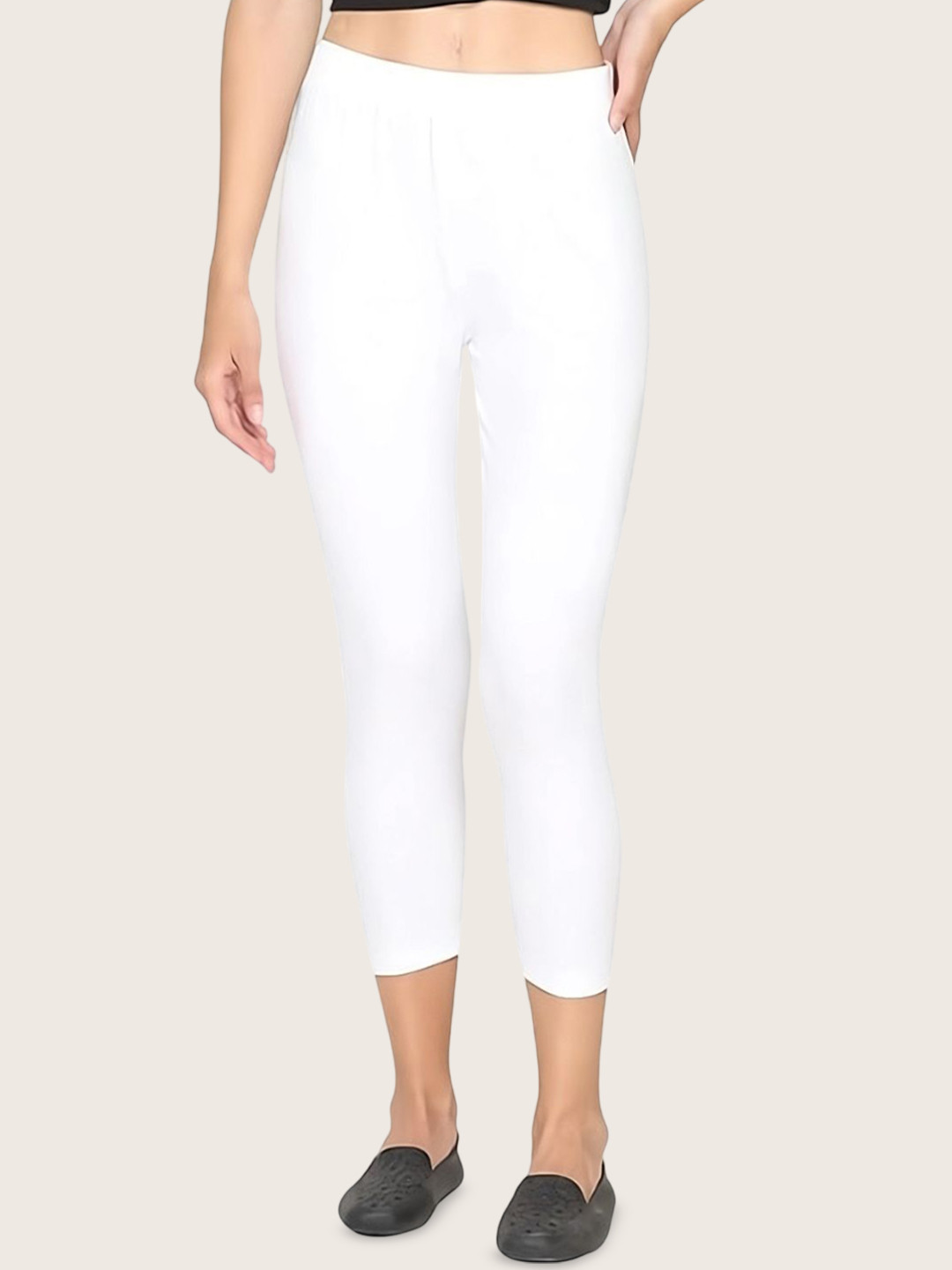 ZAYANQA Women Solid Slim Fit Three-Fourth Length Stretchable Cotton White Capri Leggings