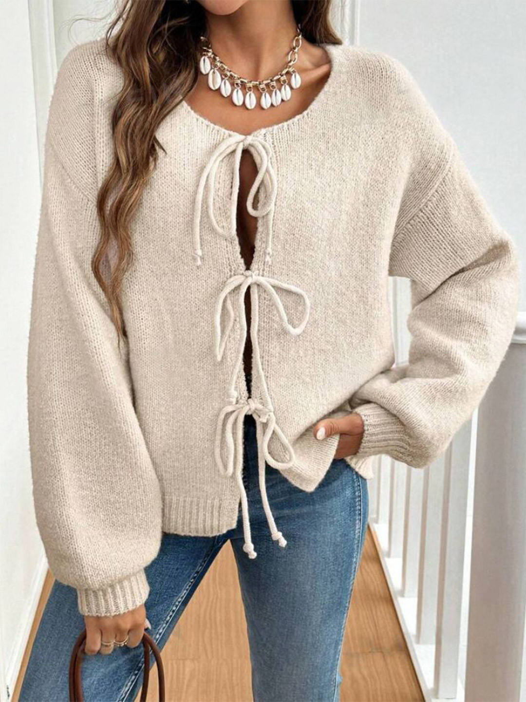 StyleCast Women Ribbed Self Design Tie-Front Knit Cardigan