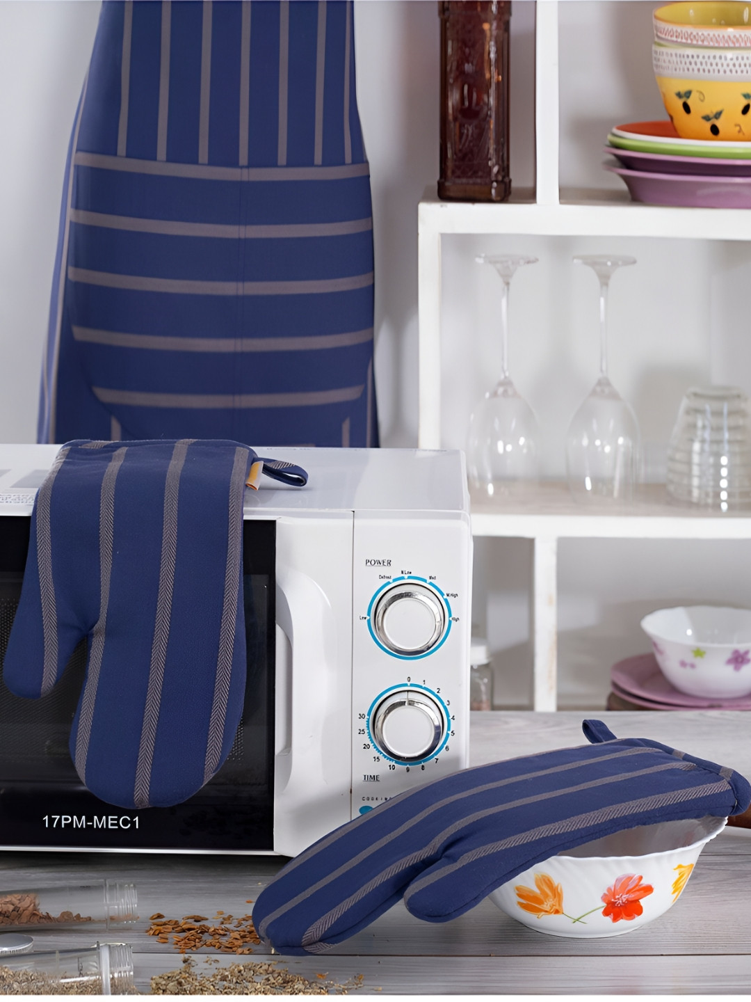 MASPAR Blue & Grey 2 Pieces Cotton Striped Oven Mitt Set