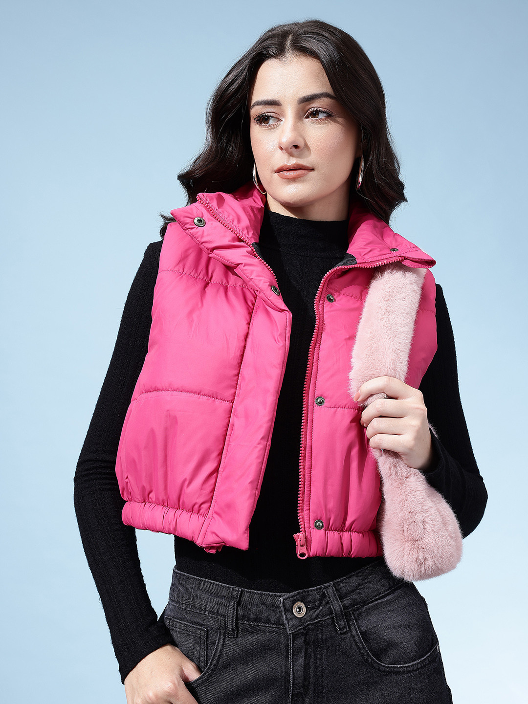 glitchez Solid Mock Collar Cropped Puffer Style Gilet Jacket