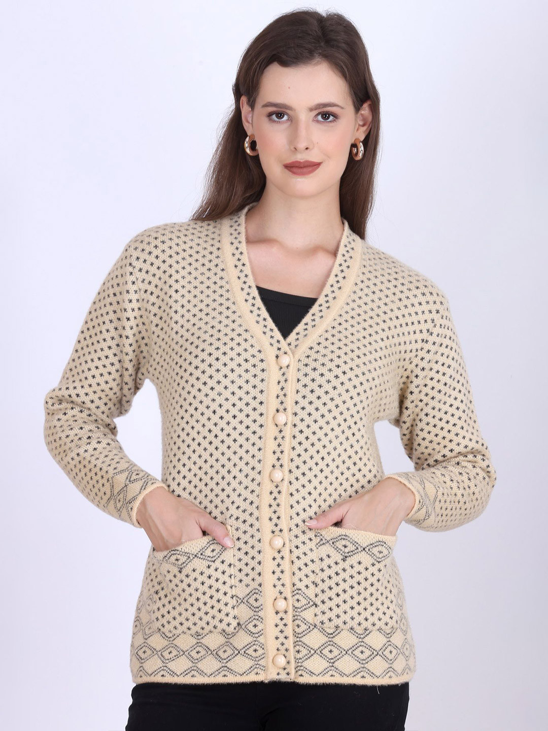FIRST SLEEP Geometric Self Design Woollen Cardigan