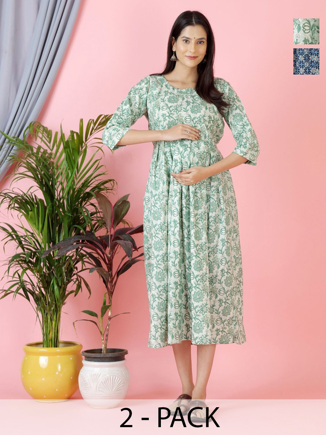 Pakiza Enterprises Pack Of 2 Ethnic Motifs Print Maternity Cotton Fit & Flare Midi Dress