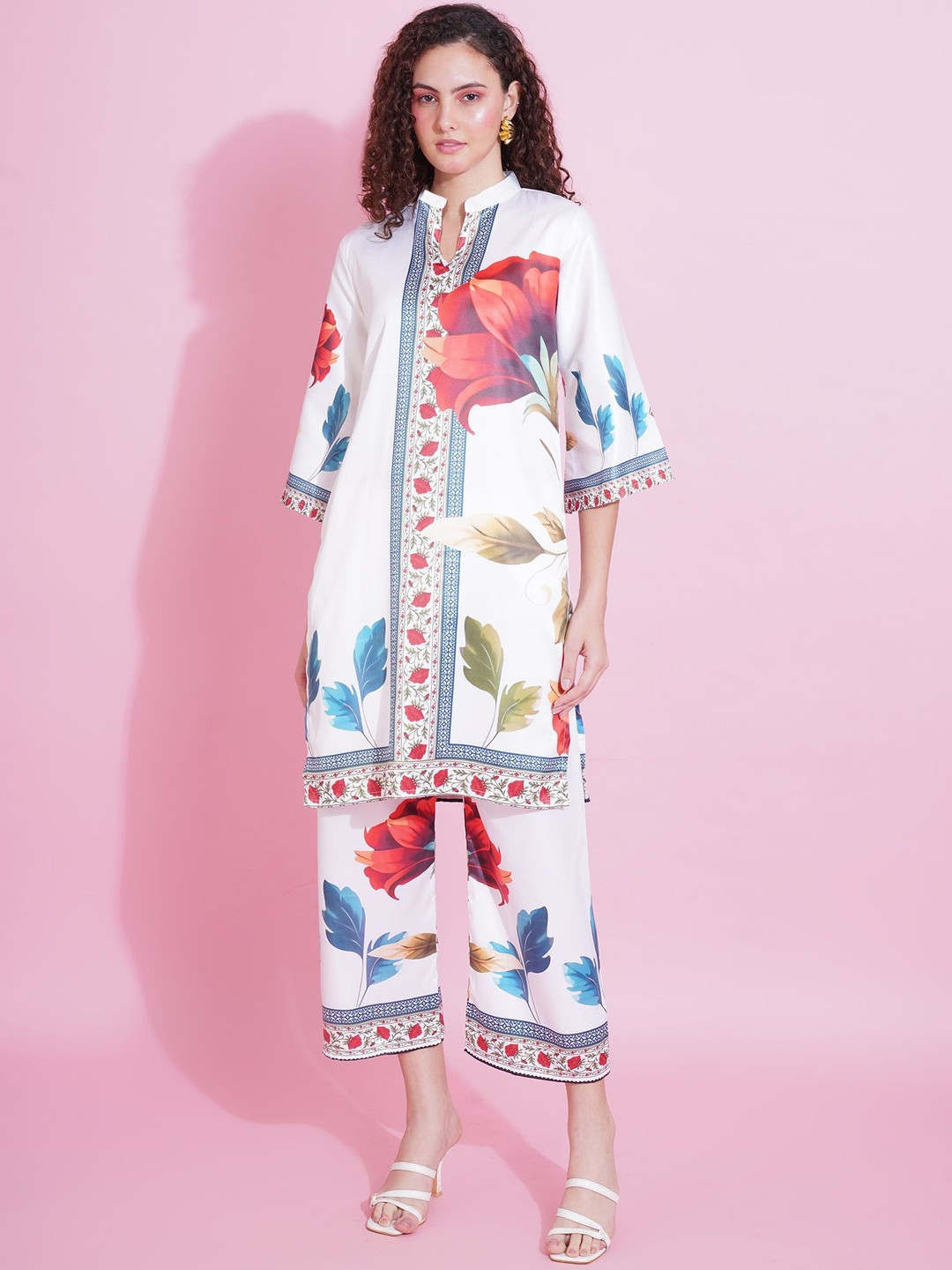 ARV TRENDS Floral Printed Mandarin Collar Satin Tunic And Trousers