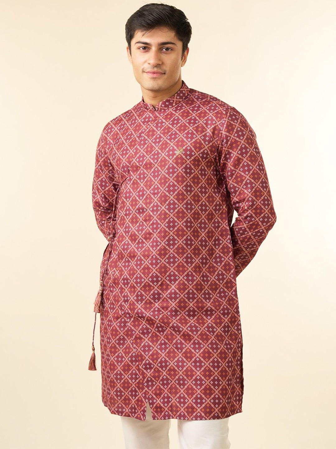 Diwas by Manyavar Men Geometric Printed Mandarin Collar Angrakha Straight Kurta