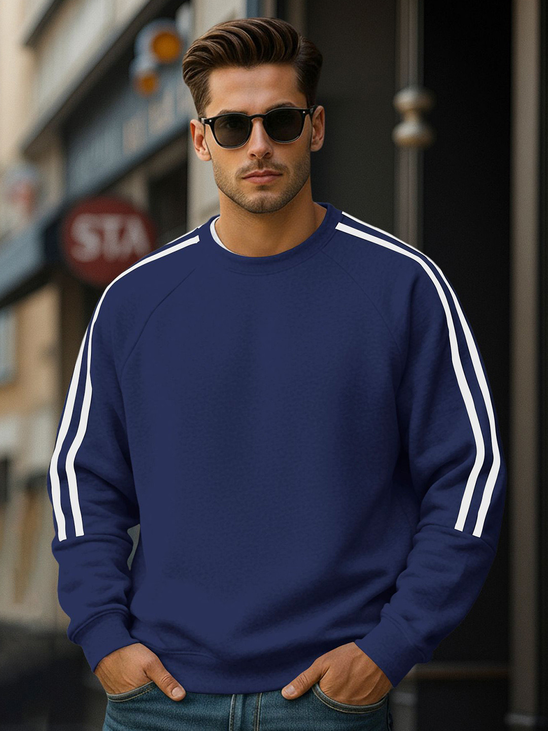 Fashion And Youth Men Solid Double Striped Round Neck Full Sleeve Sweatshirt