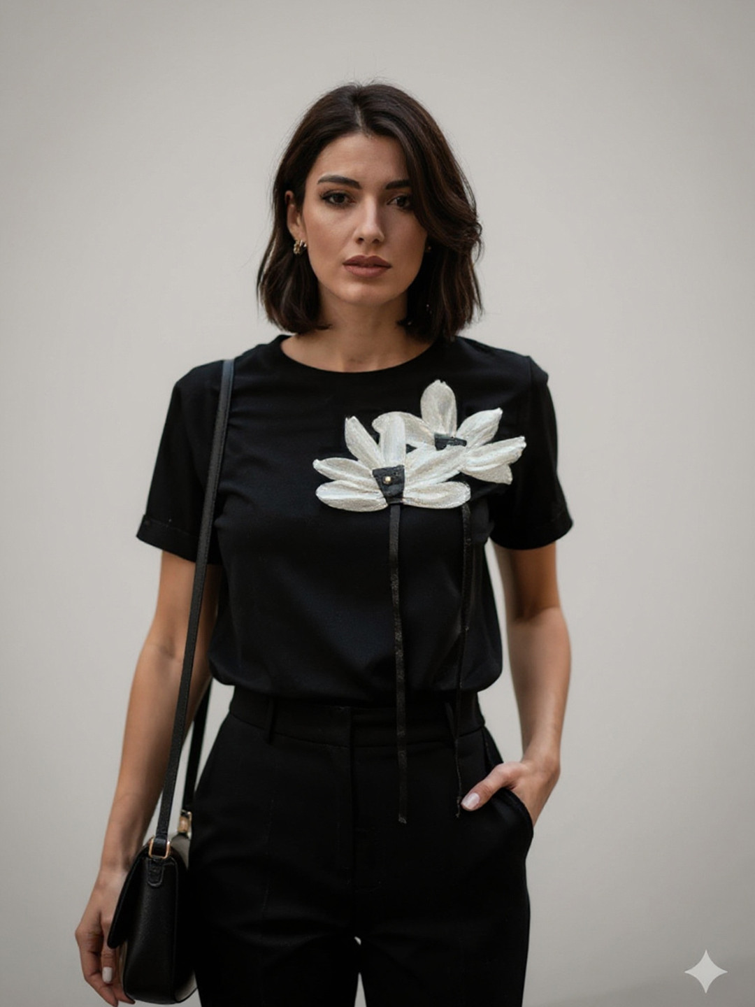 HERE&NOW Women Black Round Neck Cotton Short Sleeves Tops