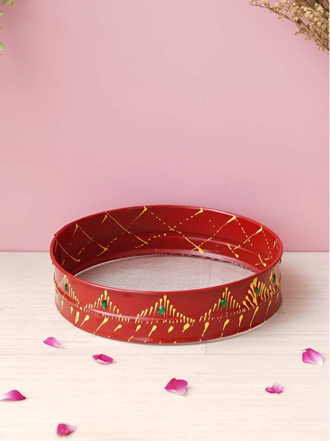 eCraftIndia Red & Yellow Metal Karwa Chauth Channi Sieve