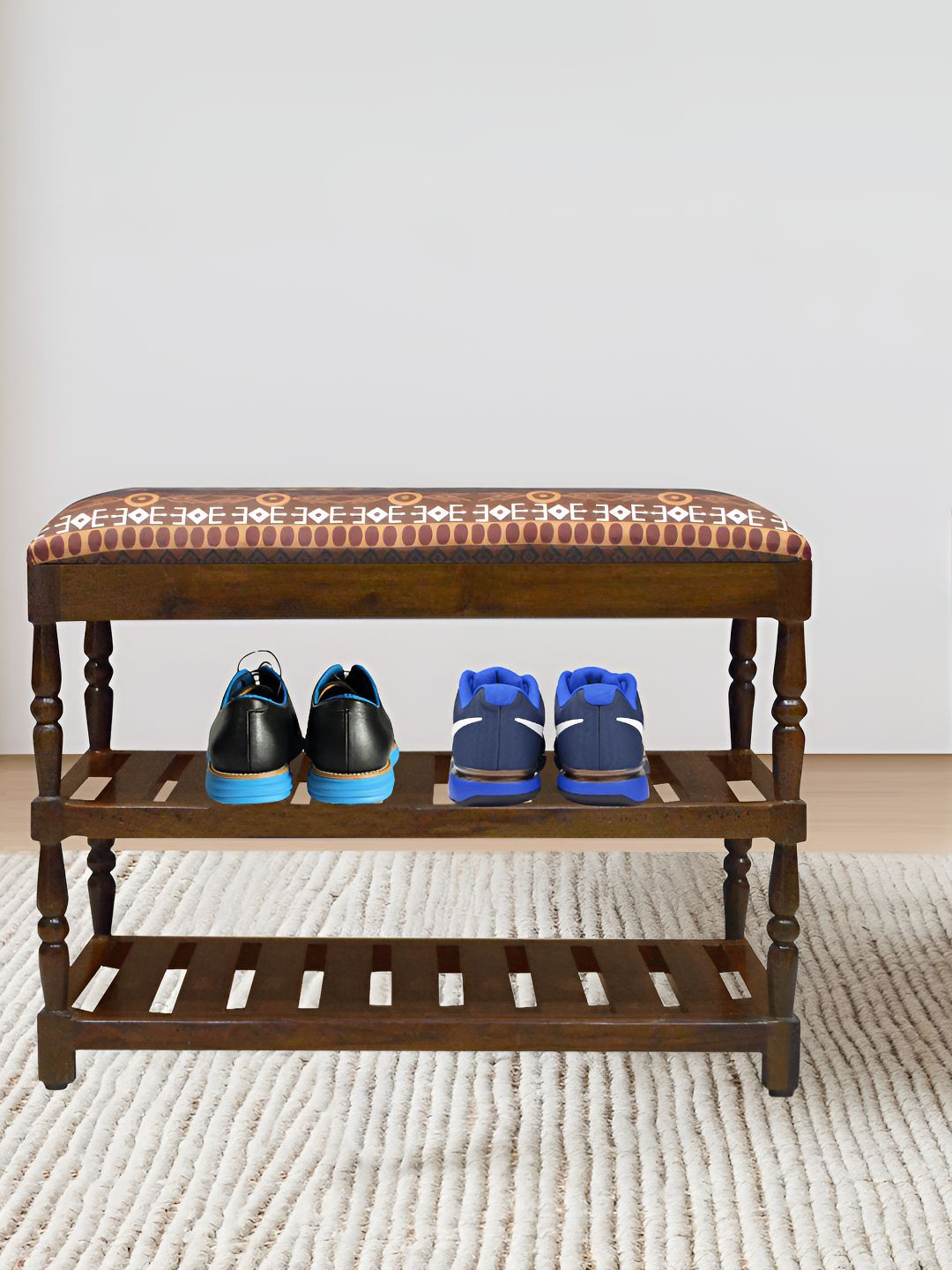 GLOBALLY INDIAN Amber Brown And White Printed Wooden 2 Tier Shoe Stand