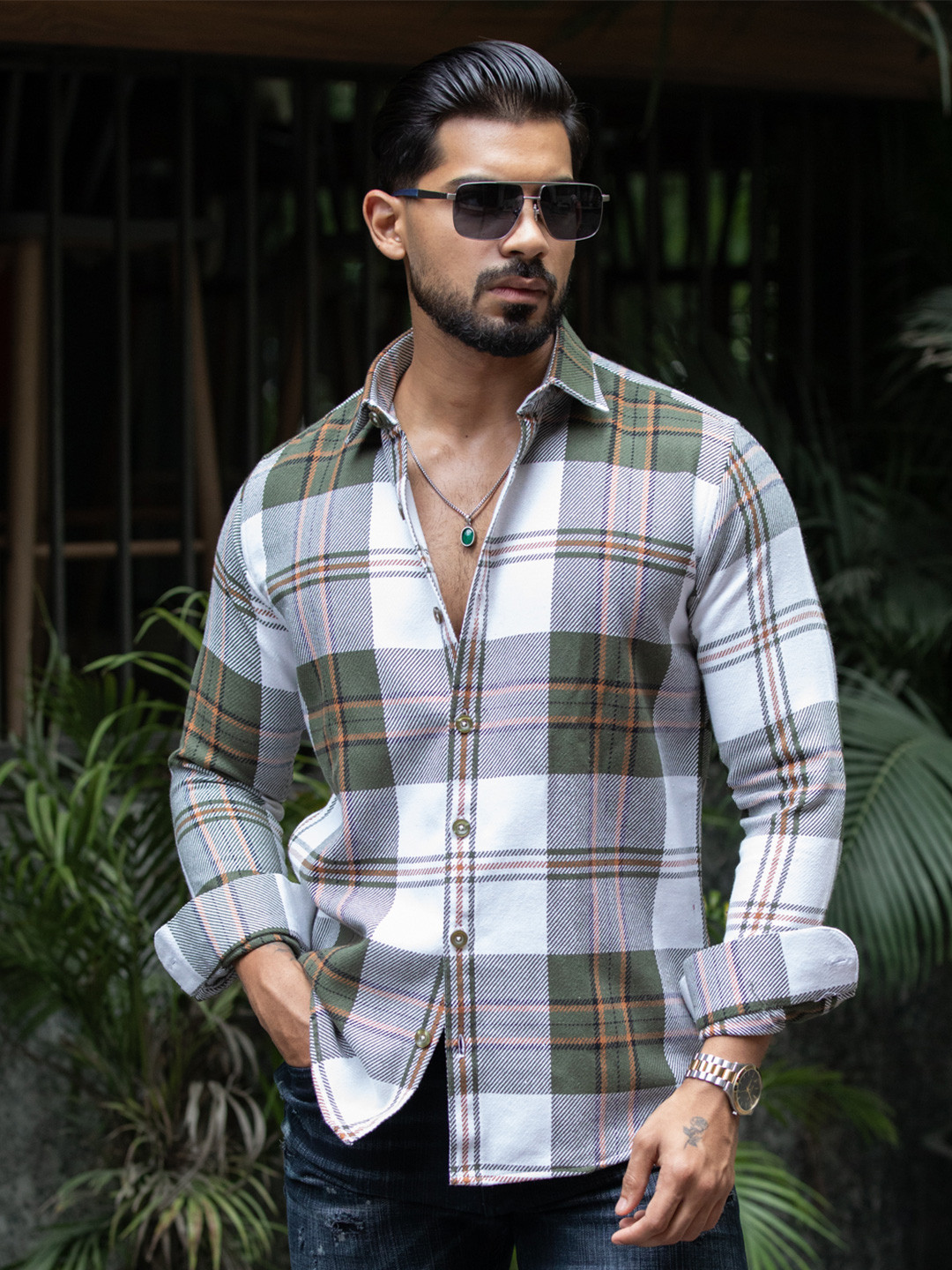 Urban Scissors Tartan Checks Checked Spread Collar Comfort Roll-Up Sleeves Cotton Shirt