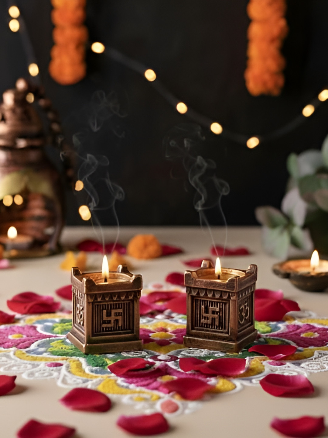 The handicraftian Brown 2 Pieces Textured Tulsi Designed Diyas
