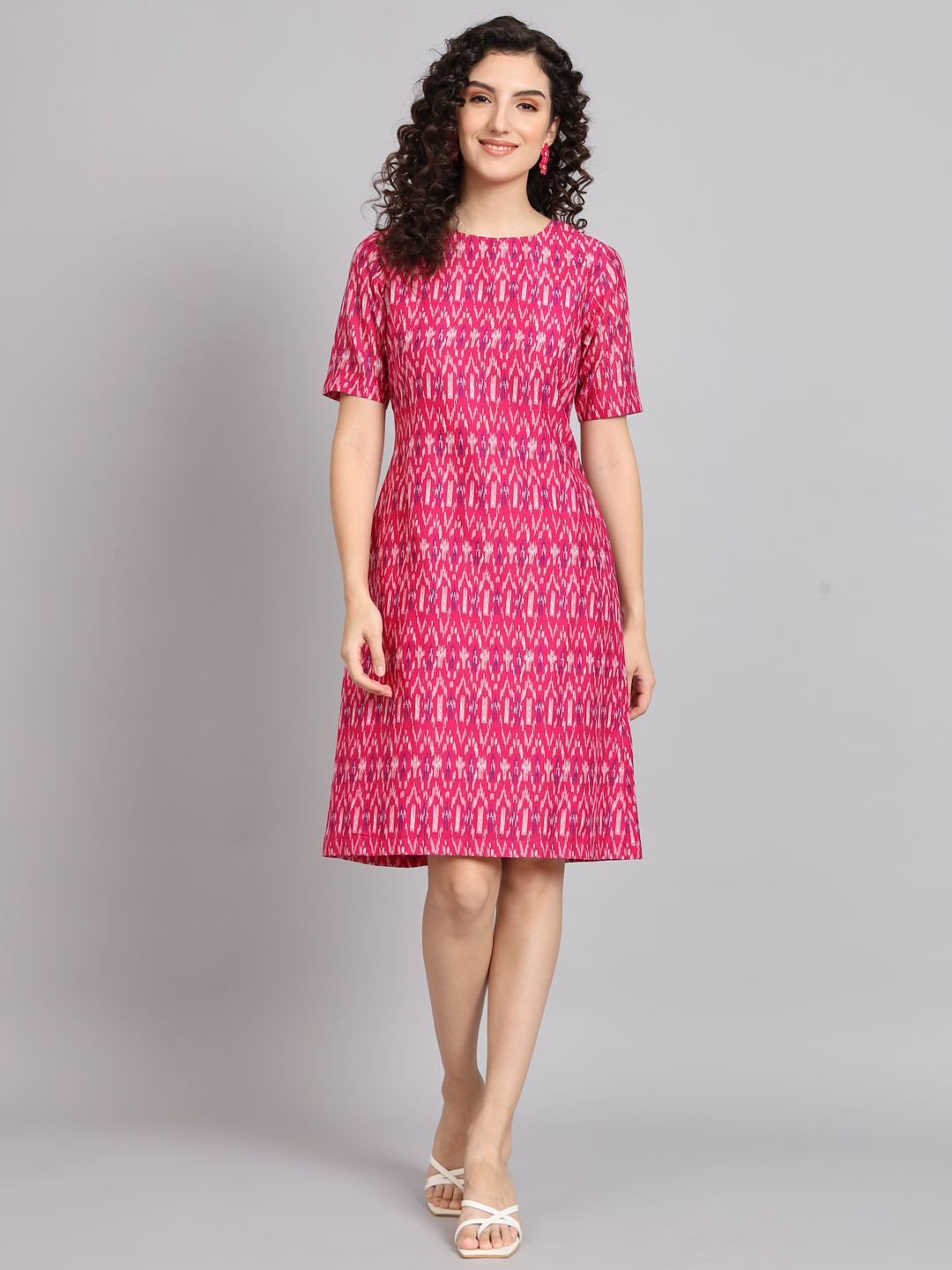 PowerSutra Women Ikat Print Printed Round Neck Short Regular Sleeves A-Line Dress