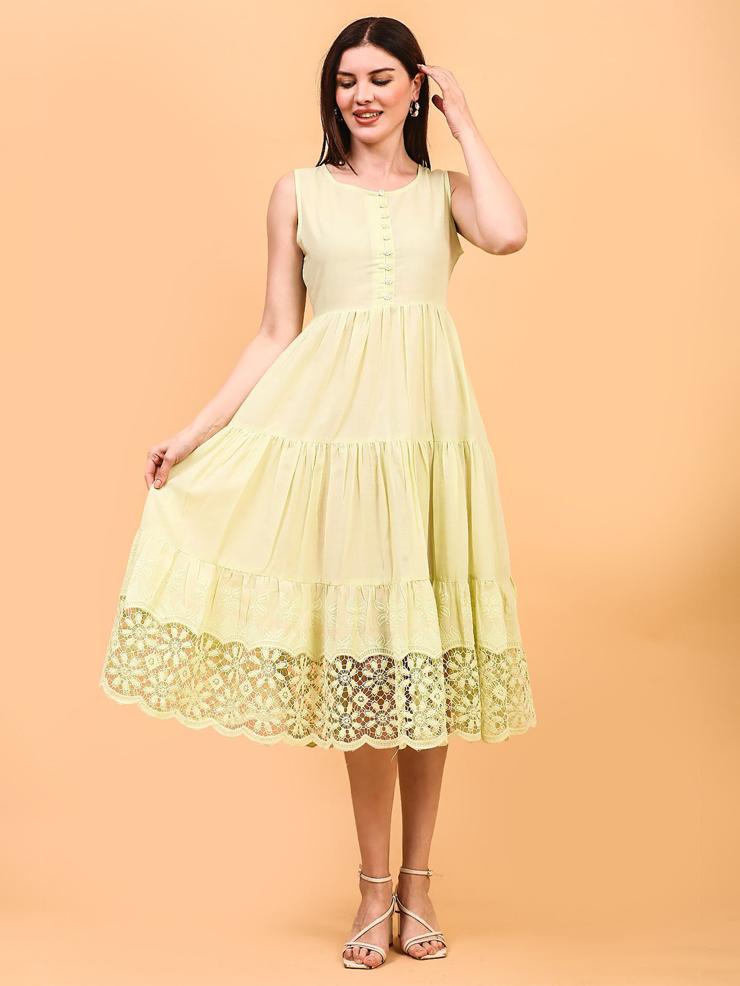 AKANYA Women Cotton Lace Inserts Tiered Fit & Flare Dress