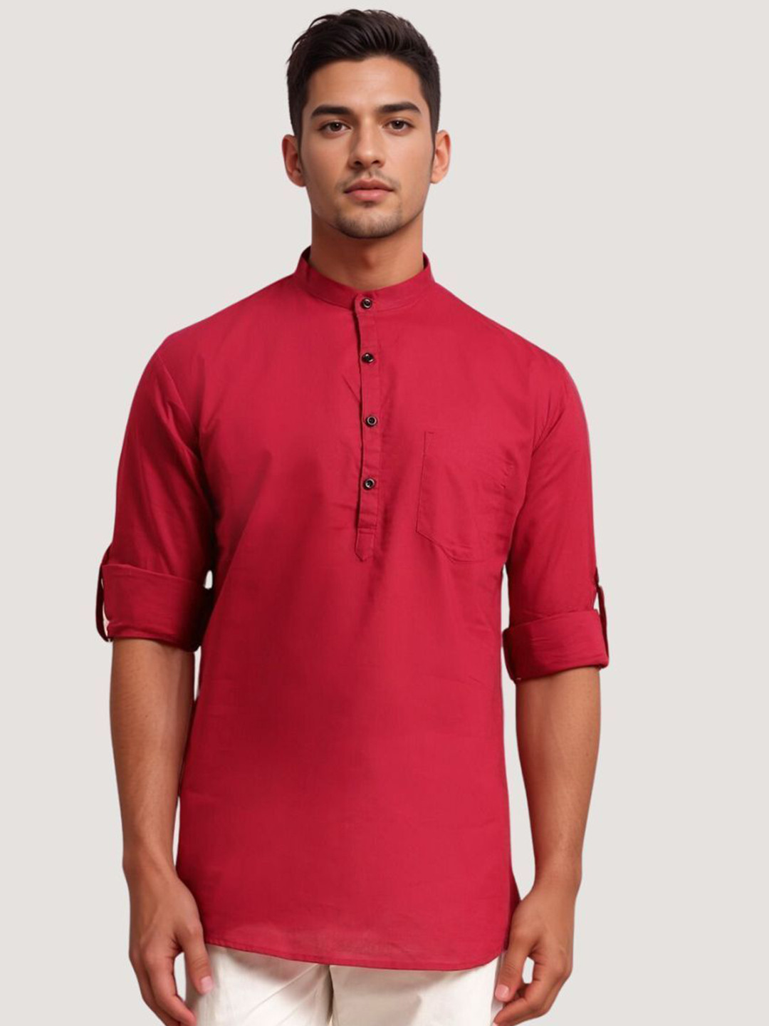 Parrth Enterprisees Men Mandarin Collar Roll-Up Sleeves Cotton Straight Kurta