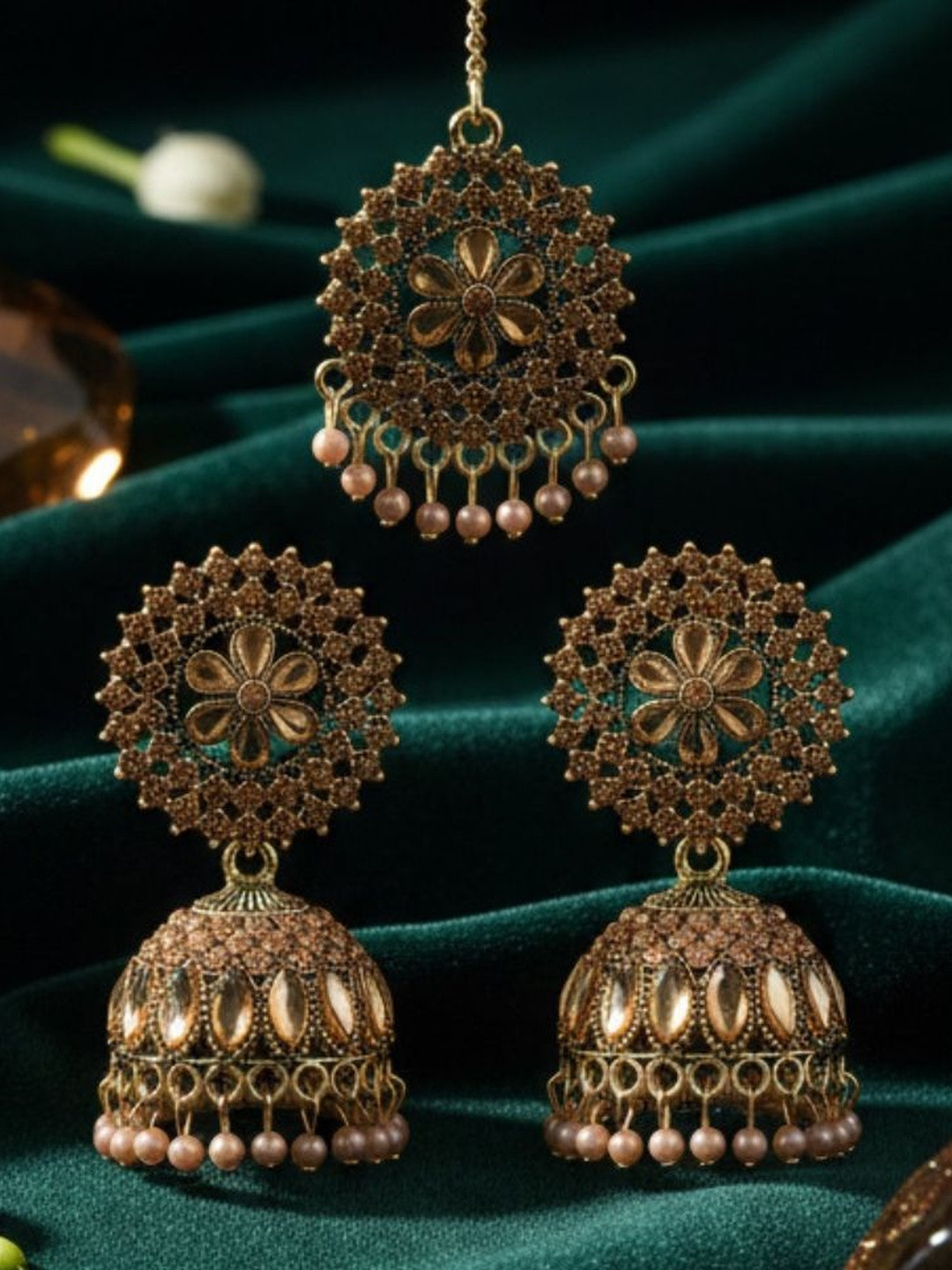 Eyes Blings Women Gold-Plated Floral Alloy Jhumka Earrings with Mang Tika