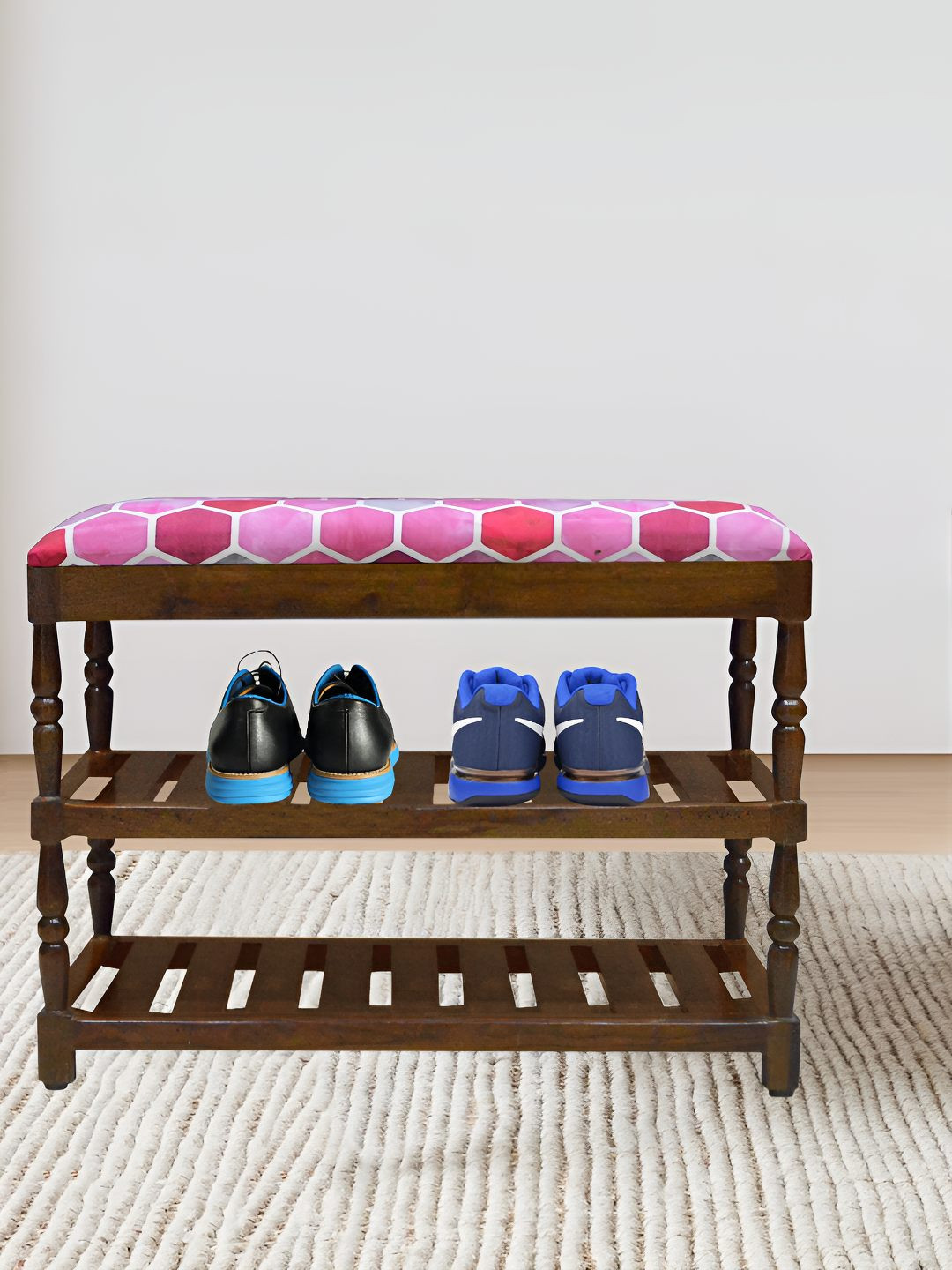 GLOBALLY INDIAN Amber Brown And Pink Printed Wooded 2 Tier Shoe Stand