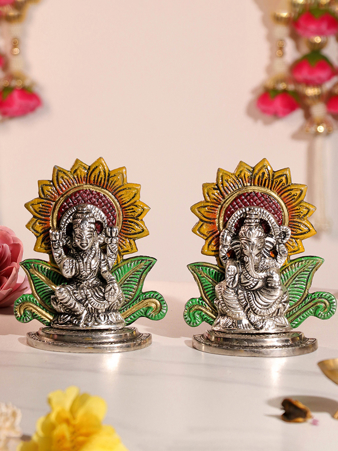 Art Street Colorful Metal Lakshmi Ganesha Silver Idol Brass Finished Pooja Idol Set