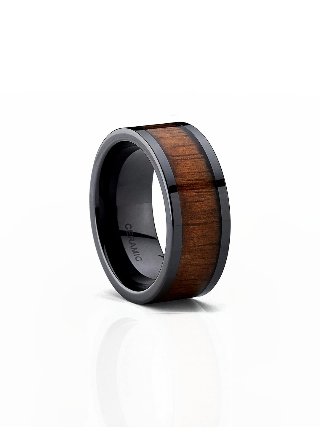 Moneekar Jewels Unisex Black Ceramic Koa Wood Inlay Finger Ring