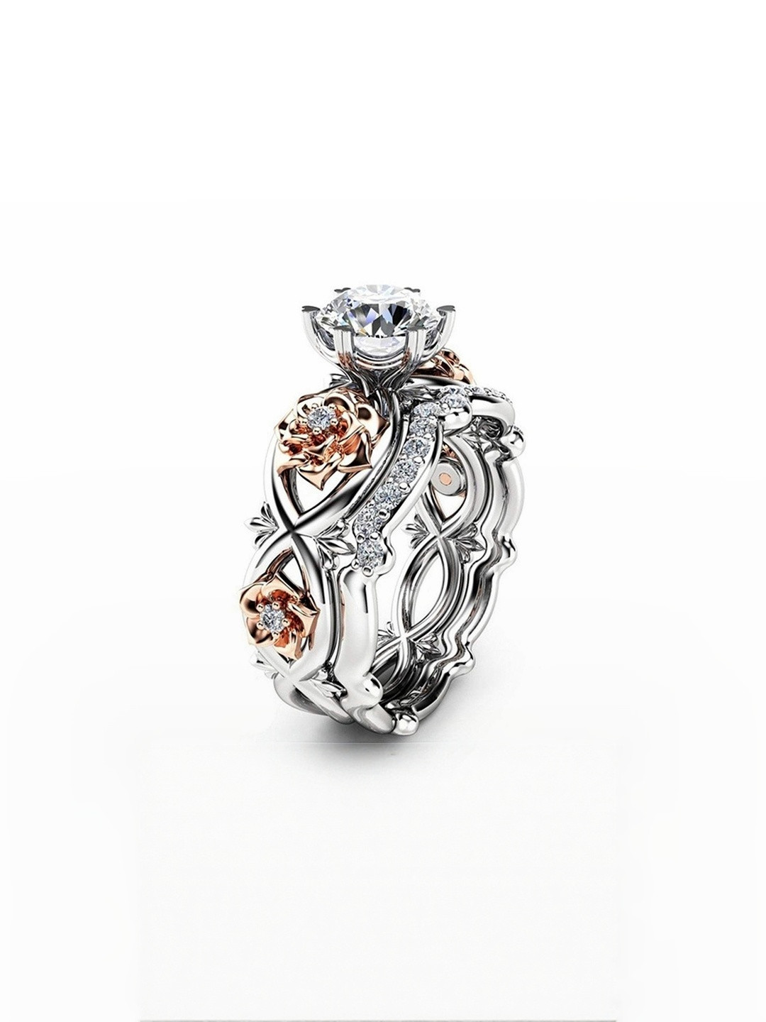 Moneekar Jewels Women Set of 2 Two-Tone CZ Bridal Finger Ring