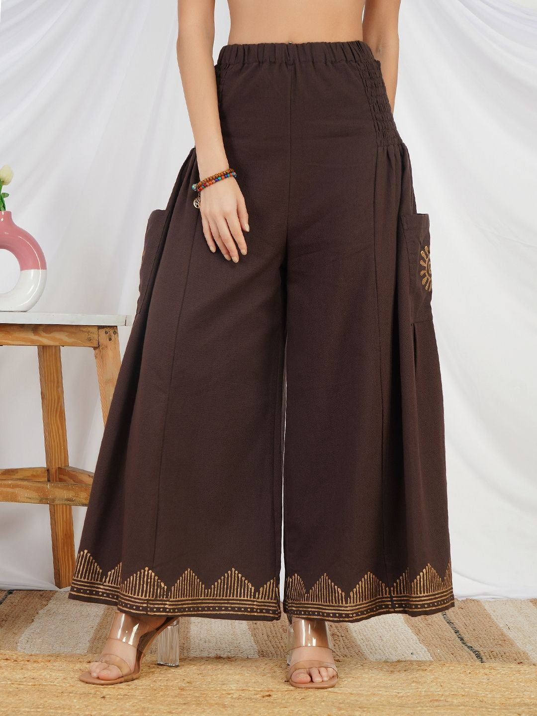 Boholyfe Women Espresso Sunflare Cotton Palazzo Pants