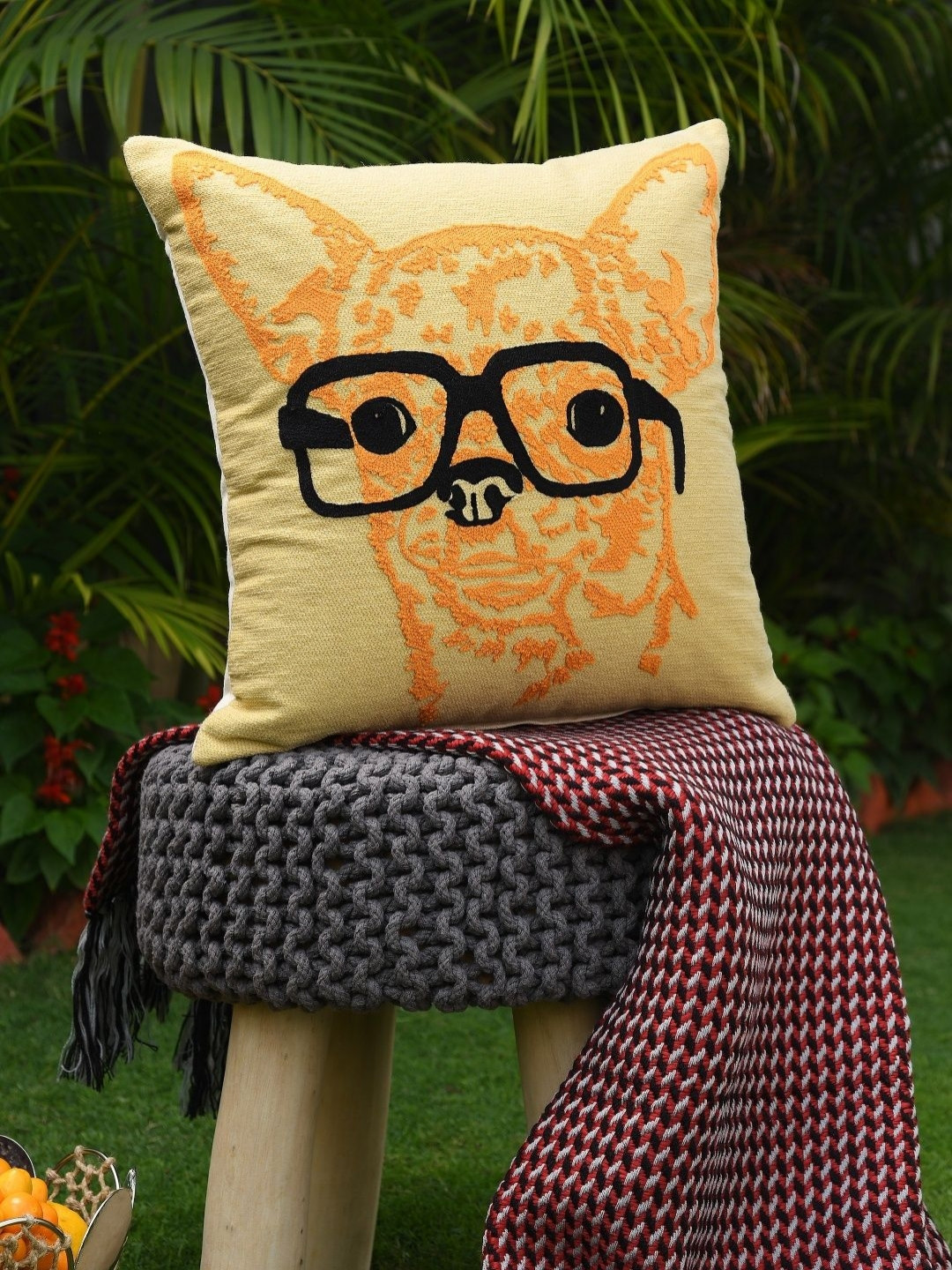 Revive Home Beige Quirky & Beautiful Dog With Spectacle Cotton Square Cushion Cover