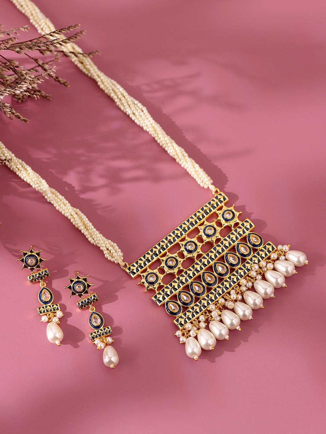 Voylla Gold-Plated American Diamond Studded & Pearls Beaded Gota Patti Jewellery Set