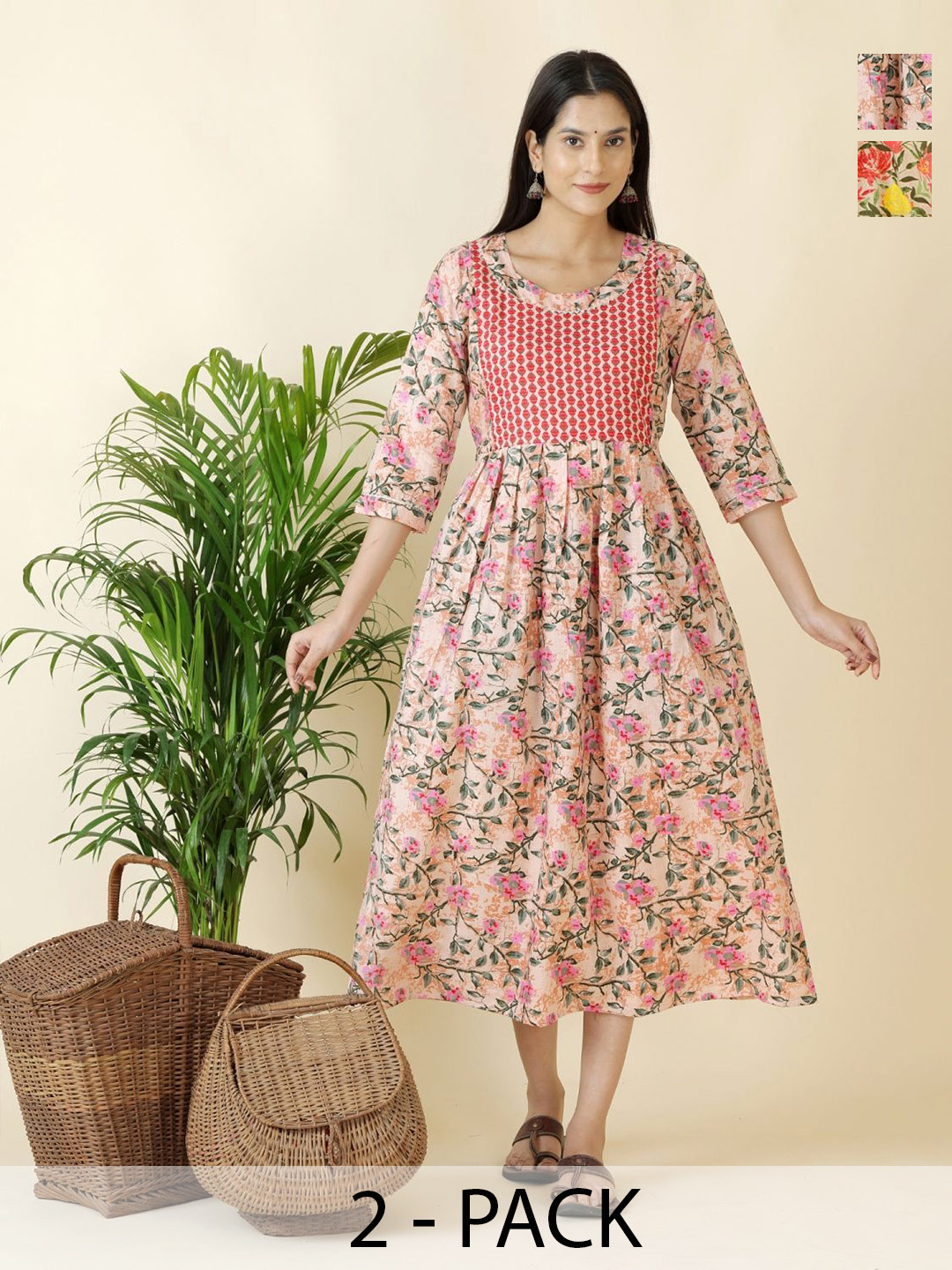 Pakiza Enterprises Pack Of 2 Floral Printed Maternity Fit & Flare Midi Dress