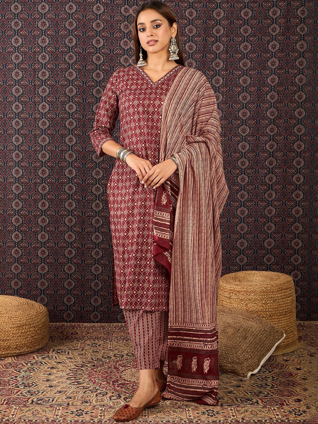 Indo Era Women Ethnic Motifs Printed Regular Pure Cotton Kurta Trousers With Dupatta