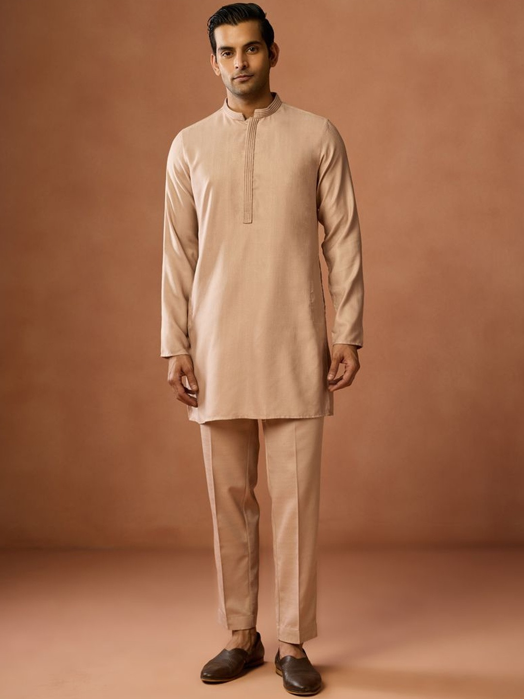 KISAH Men Peach Beige Silk Blend Mid Kurta Minimalist Kurta with Slim Fit Trouser Set