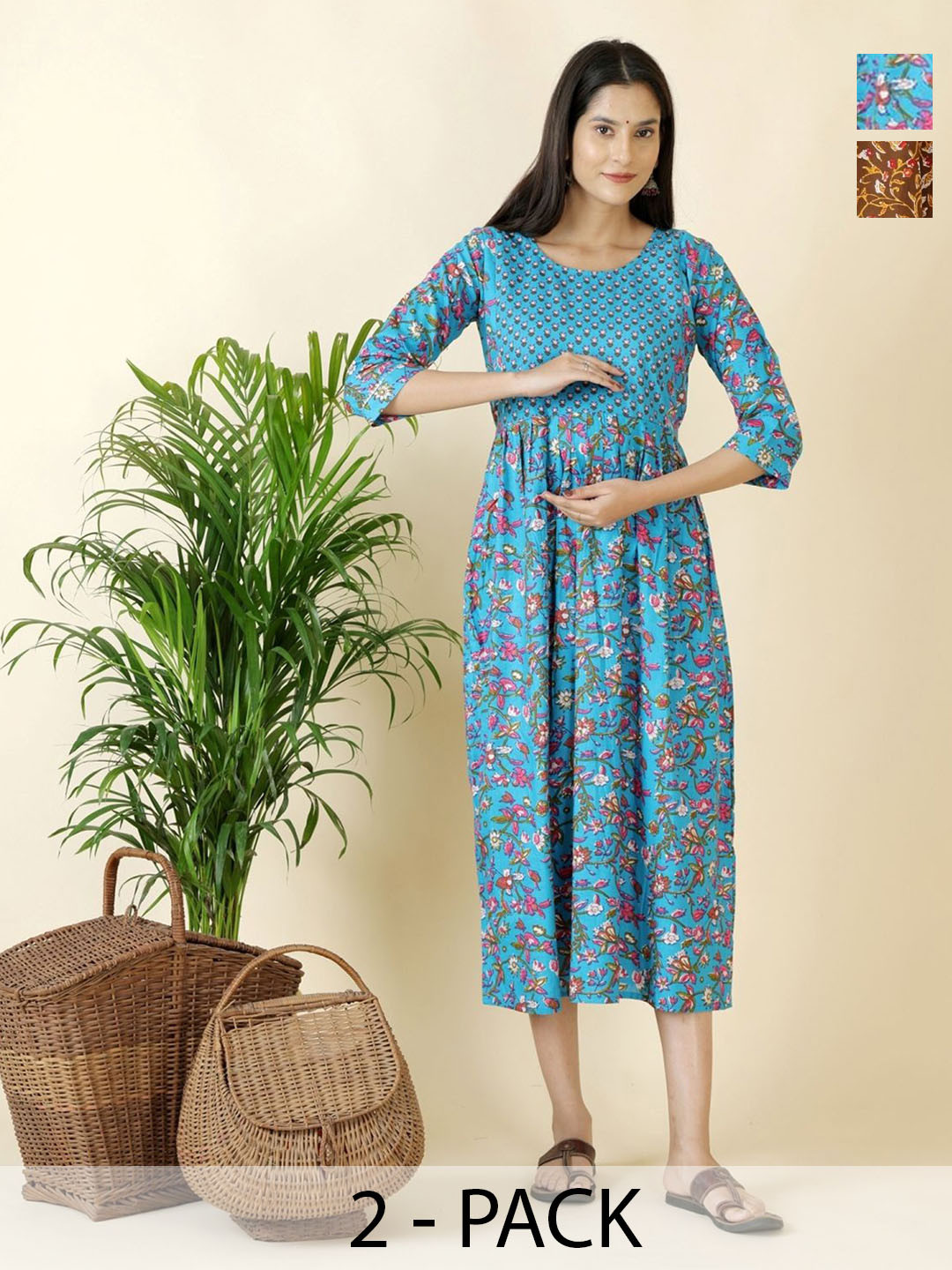 Pakiza Enterprises Pack Of 2 Floral Printed Fit & Flare Midi Dress