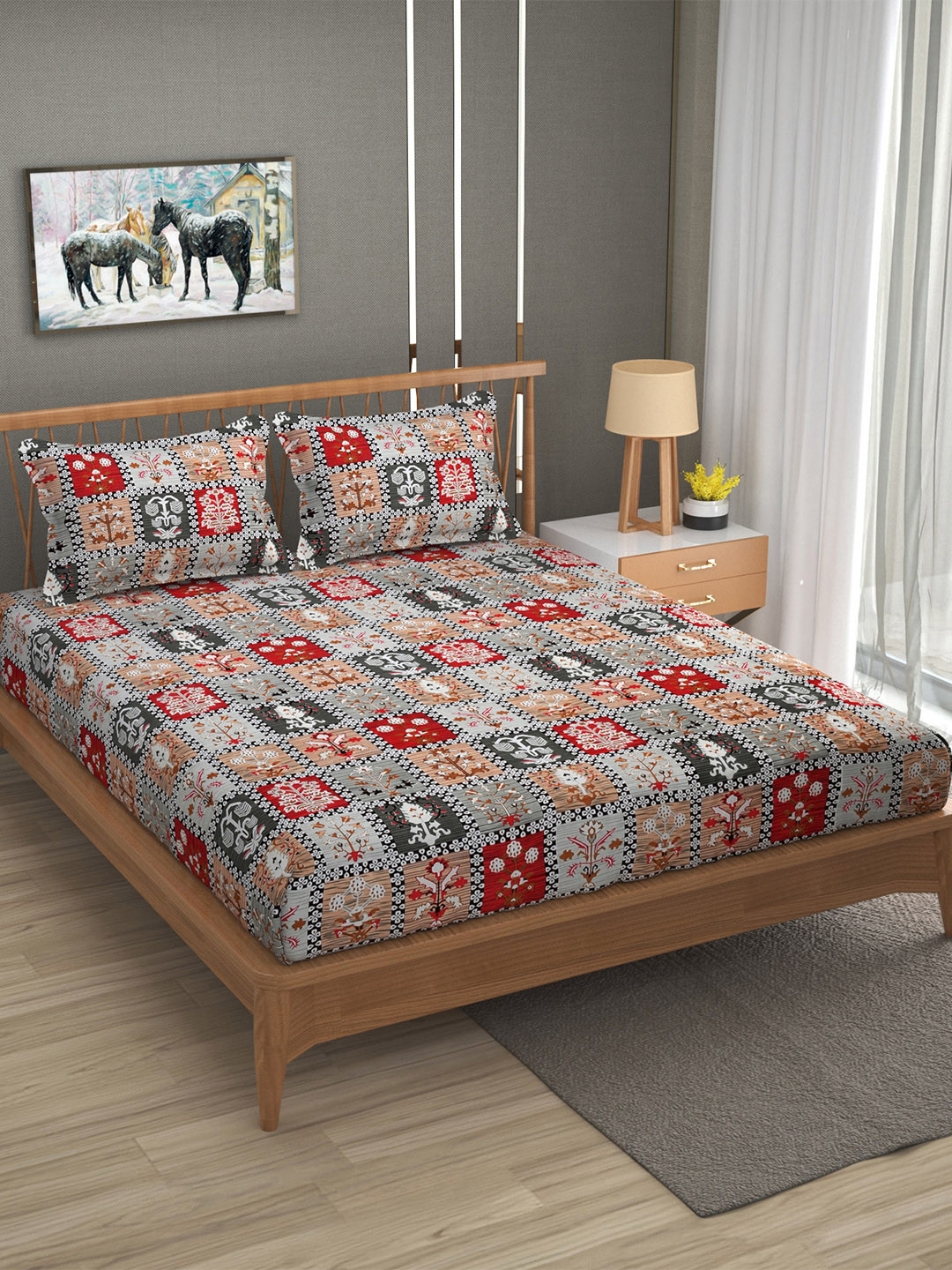 FURNOFY Brown & Pink Floral Motifs Bedsheet with 2 Pillow Covers
